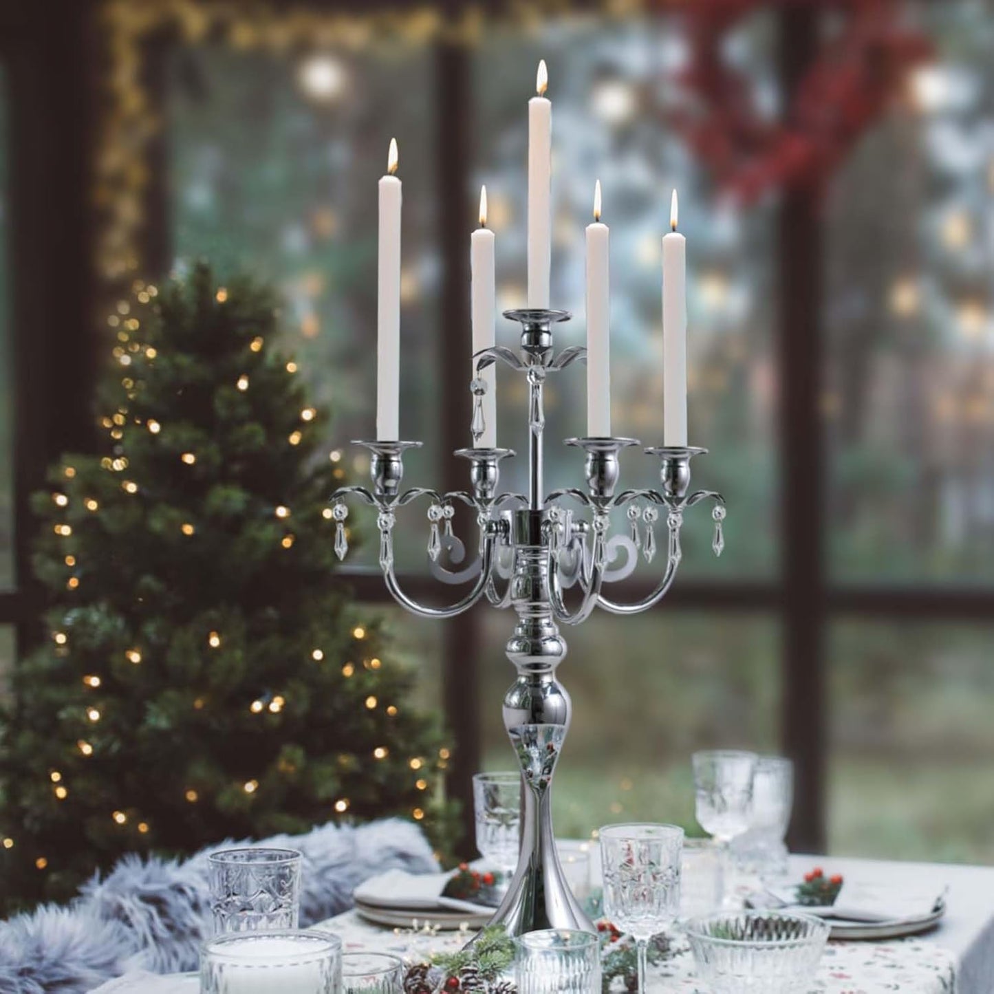 Skiennix 5-Arm Candle Holder - 20.3'' Tall Metal Candelabra for Elegant Home & Wedding Decor | Silver