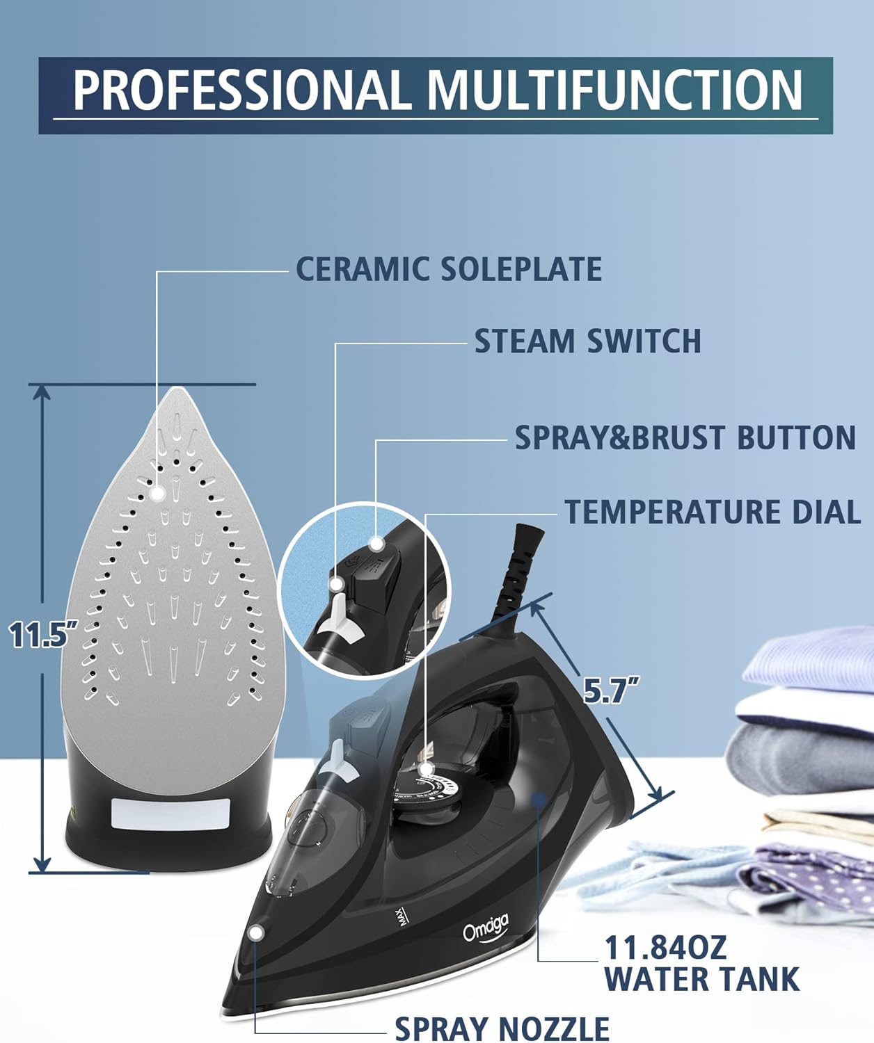 OMAIGA Steam Iron - 1500W Rapid Heating Iron with Non-Stick Soleplate & Auto-Off | Black