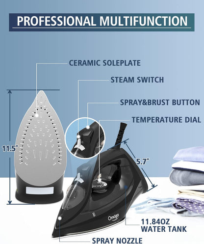OMAIGA Steam Iron - 1500W Rapid Heating Iron with Non-Stick Soleplate & Auto-Off | Black