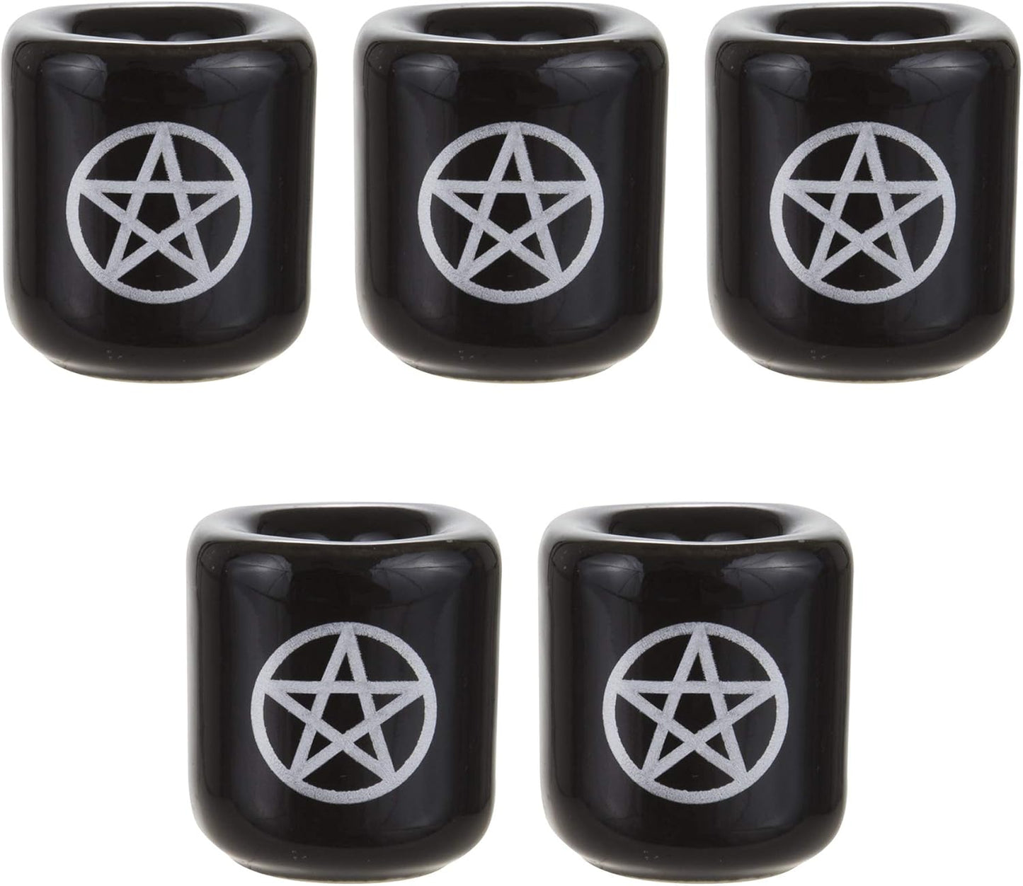 Mega Candles Ceramic Silver Pentacle Chime Candle Holder - Set of 5, Black