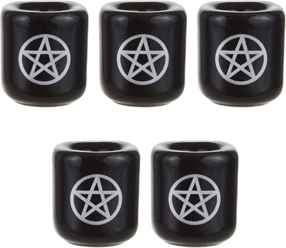 Mega Candles Ceramic Silver Pentacle Chime Candle Holder - Set of 5, Black