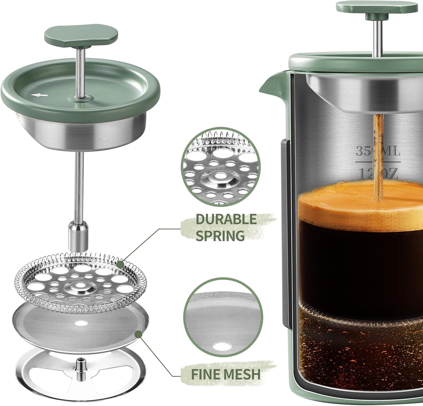 Skiennix French Press - 350ml Stainless Steel Coffee Maker | Portable 2-Cup Cafetiere for Ground Coffee