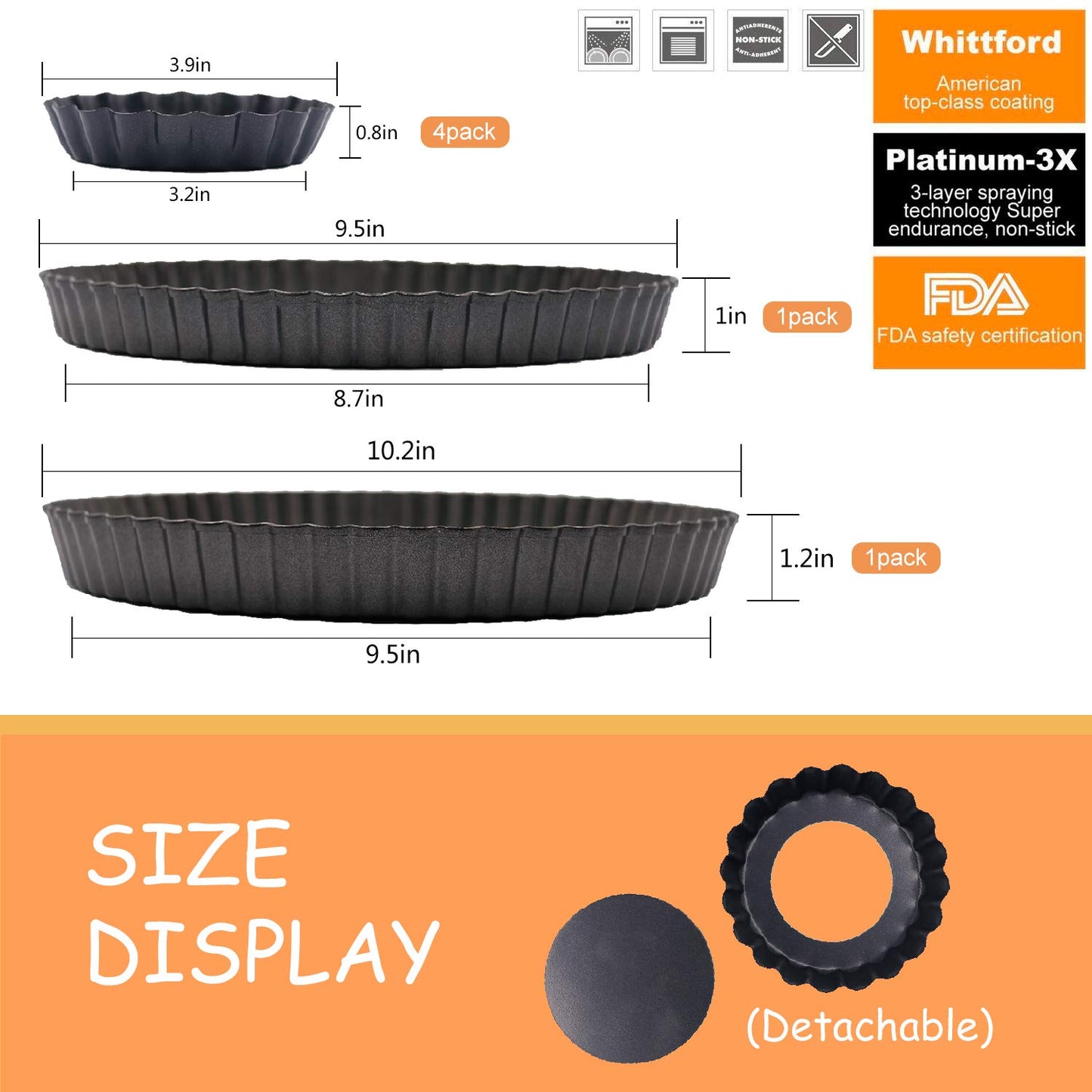 10 Inch,9.5 inch and 4 Inch 4 Pack Round Tart Pan with Removable Bottom Quiche Pan Non-Stick Baking Dish Pan Carbon Steel Pie Tart for Kitchen Cooking Baking