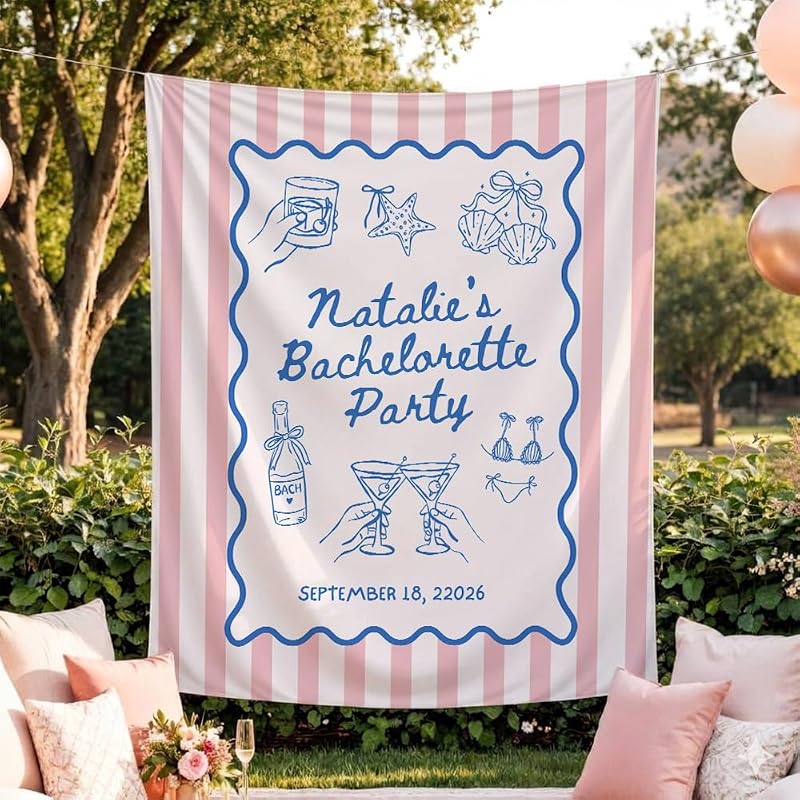 Personalized Bachelorette Backdrop Banner - Style 11, Custom Name Pink Stripes