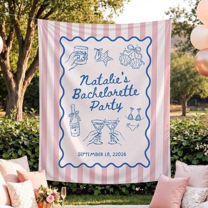 Personalized Bachelorette Backdrop Banner - Style 11, Custom Name Pink Stripes