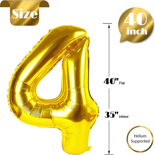Gold 4 Balloon - 40 Inch Number 4 Balloon for 4th Birthday Party Decorations | Gold & Black Design