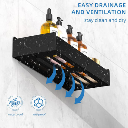 Wisfame Shower Caddy - Rustproof Adhesive Bathroom Shelves with 8 Hooks | Large Capacity, Black