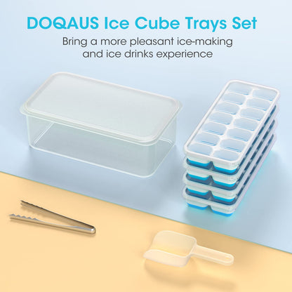 DOQAUS Ice Cube Tray with Lid and Bin, 4 Pack Silicone Plastic Ice Cube Trays for Freezer with Ice Box, Ice Trays with Ice Container, Stackable Ice Tray with Storage Ice Bucket,Ice Tong,Ice Scoop