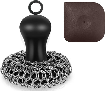 Skiennix Cast Iron Cleaner Scrubber - Upgraded Chain Mail Scrubbing Kit for Pans & Grills