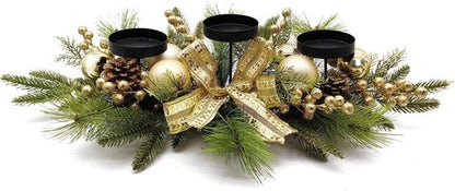 Gold Glittery Christmas Candle Centerpiece - Festive Berries & Pinecones | 27.5 Inch