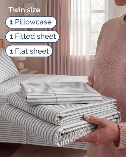 Skiennix Twin Size 3-Piece Sheet Set - Comfy Cooling Bed Sheets - Luxury Grey Stripes - Deep Pockets, Soft & Wrinkle-Free