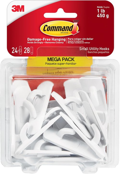Command Small Utility Hooks - Damage-Free Adhesive Wall Hooks | 24 Hooks & 28 Strips, Holds Up to 1 lb