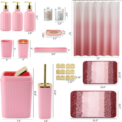 WSBArt 32PCS Bathroom Set - Stylish Pink Shower Curtain & Rug Accessories with Trash Can