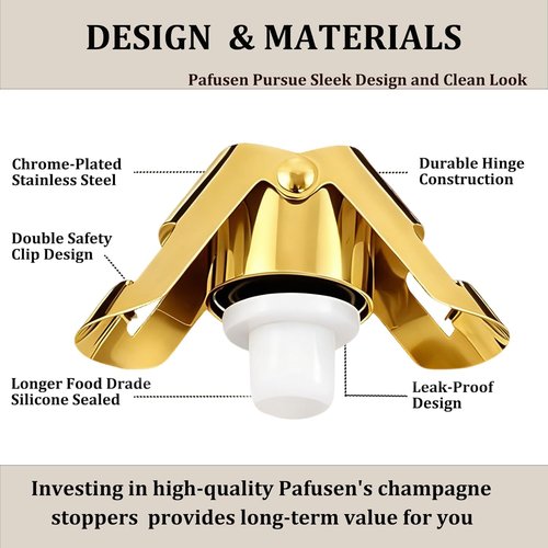 Champagne Stoppers for Bottles, Pafusen Champagne Sealer Stopper, Stainless Steel Champagne Cork Stopper Toppers, Saver for Champagne Cava Prosecco Sparkling Wine (Champagne -3-Pack- Gold)