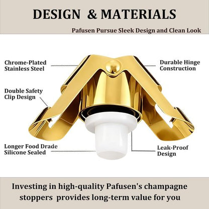 Champagne Stoppers for Bottles, Pafusen Champagne Sealer Stopper, Stainless Steel Champagne Cork Stopper Toppers, Saver for Champagne Cava Prosecco Sparkling Wine (Champagne -3-Pack- Gold)