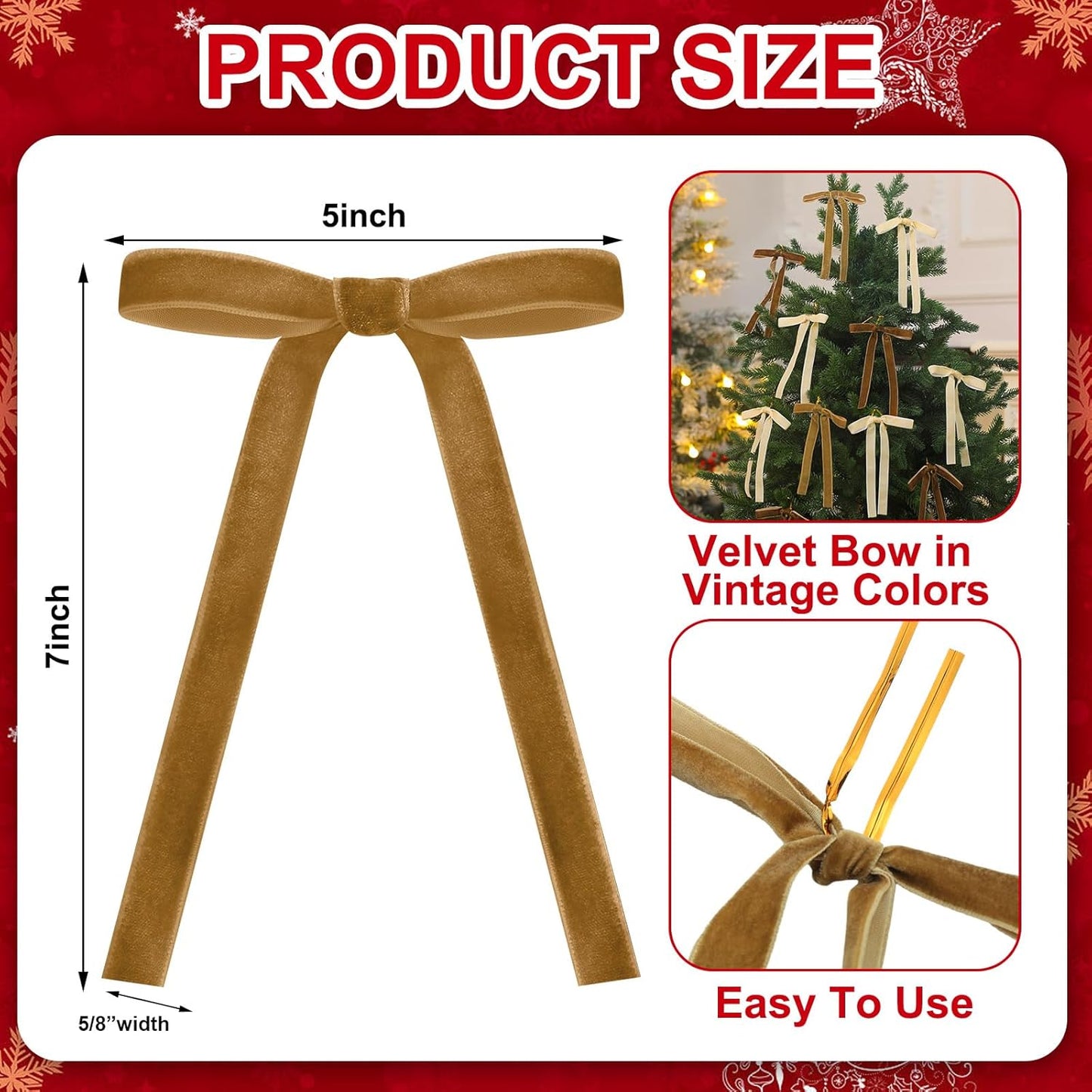 Skiennix 24 Pcs Velvet Bows - Vintage Ribbon Bows for Christmas Tree & Crafts | 5 x 7 Inch, Brown, Khaki, Beige