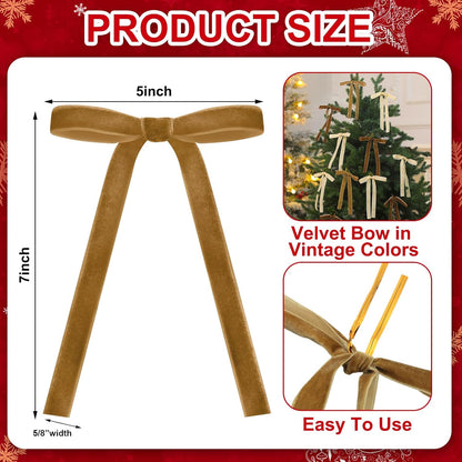 Skiennix 24 Pcs Velvet Bows - Vintage Ribbon Bows for Christmas Tree & Crafts | 5 x 7 Inch, Brown, Khaki, Beige