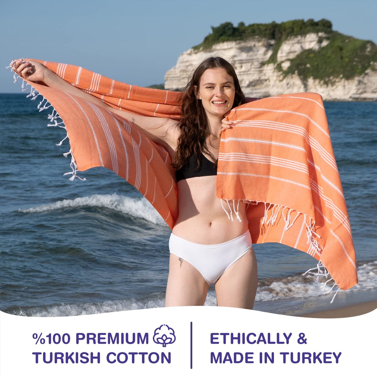 PADISHAHHOME Turkish Beach Towels, Pack of 2 | Oversized, Quick Dry, Sand Free | 100% Cotton, Large 38x71 Towels for Beach, Pool, Travel | Ultra-Soft, Compact, and Absorbent | Orange