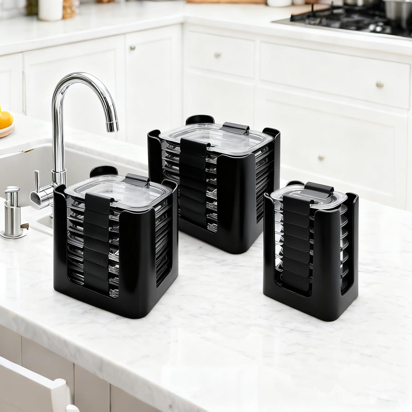 Rubbermaid Brilliance Lid Organizer - 3-Piece Kitchen Storage for 24 Nap-On Lids | Fits 4.7, 3.2, 1.3 & 0.5 Cup Containers (Black)
