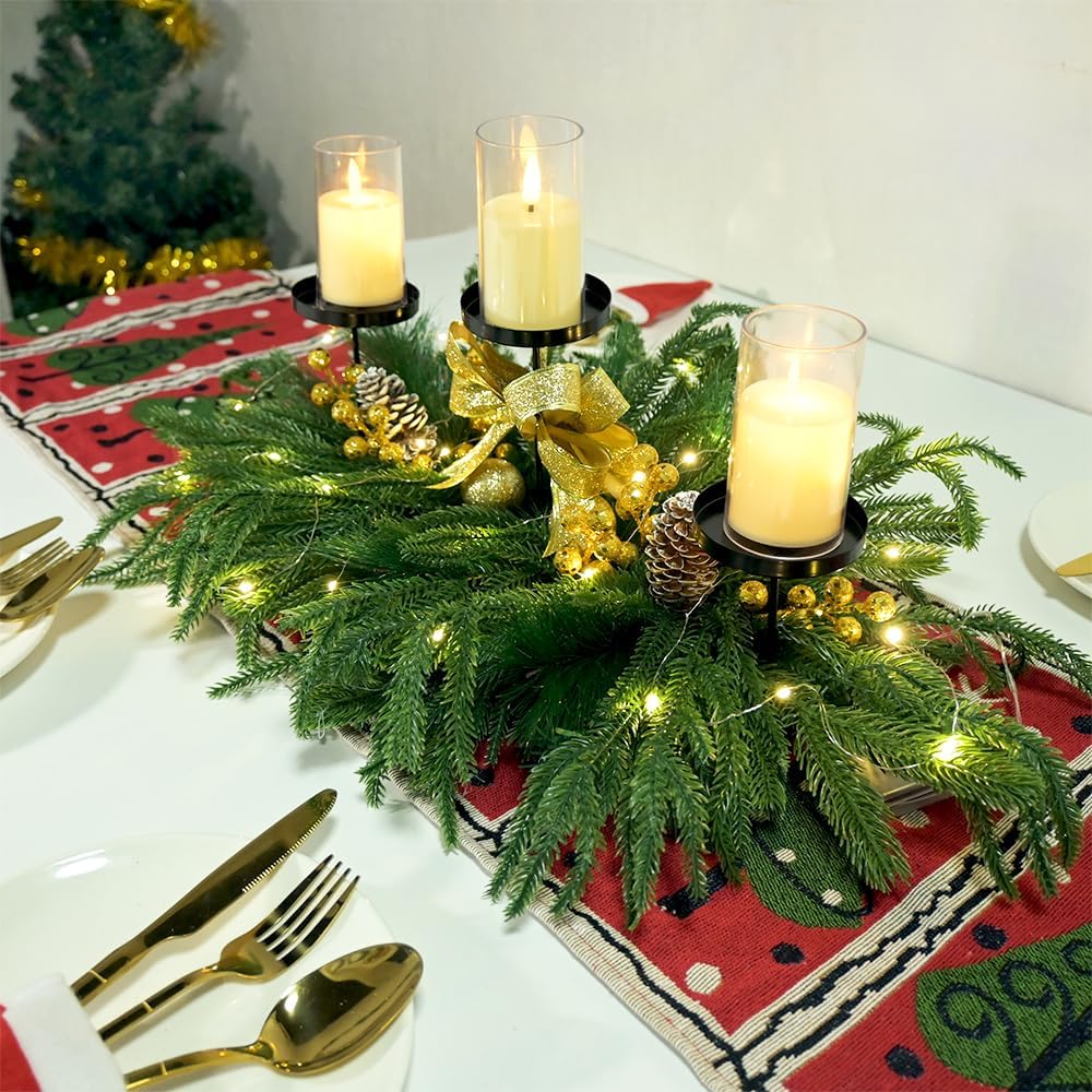 Skiennix Christmas Centerpiece - Elegant Candle Holders with Golden Glitter Bow & Pine Cones | 27.6" Table Decor