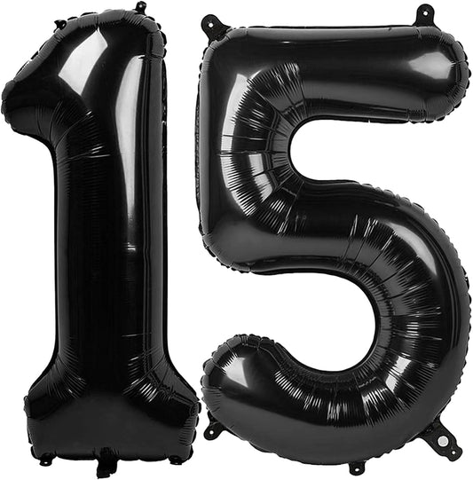 Skiennix 40-Inch Black Foil Number 15 Balloons - Perfect for 15th Birthday & Anniversary Celebrations