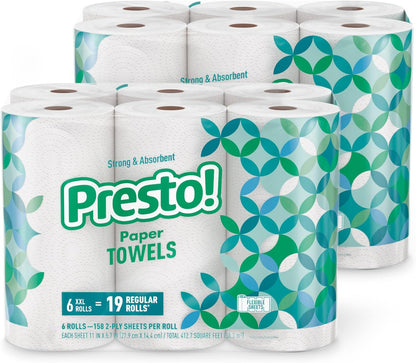 Presto! Ultra-Strong Premium Paper Towels - Flex-a-Size, 158 Sheets per Huge Roll | 12 Rolls (2 Packs of 6)