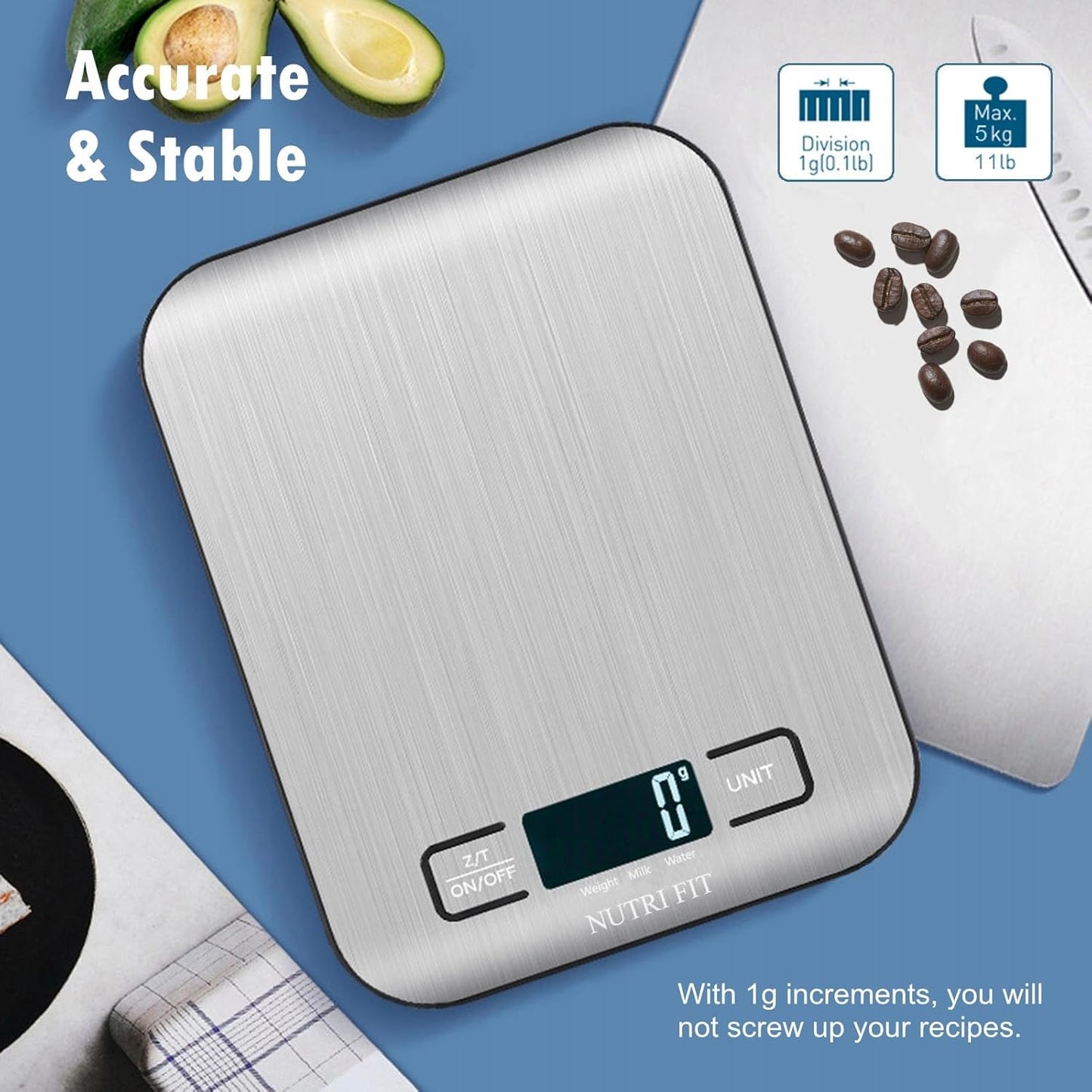 NUTRI FIT Digital Food Scale - Accurate Weight Measurement for Cooking & Baking | Max 11lb, 1g Increment, Stainless Steel, Backlight LCD