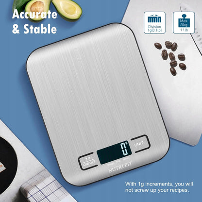 NUTRI FIT Digital Food Scale - Accurate Weight Measurement for Cooking & Baking | Max 11lb, 1g Increment, Stainless Steel, Backlight LCD