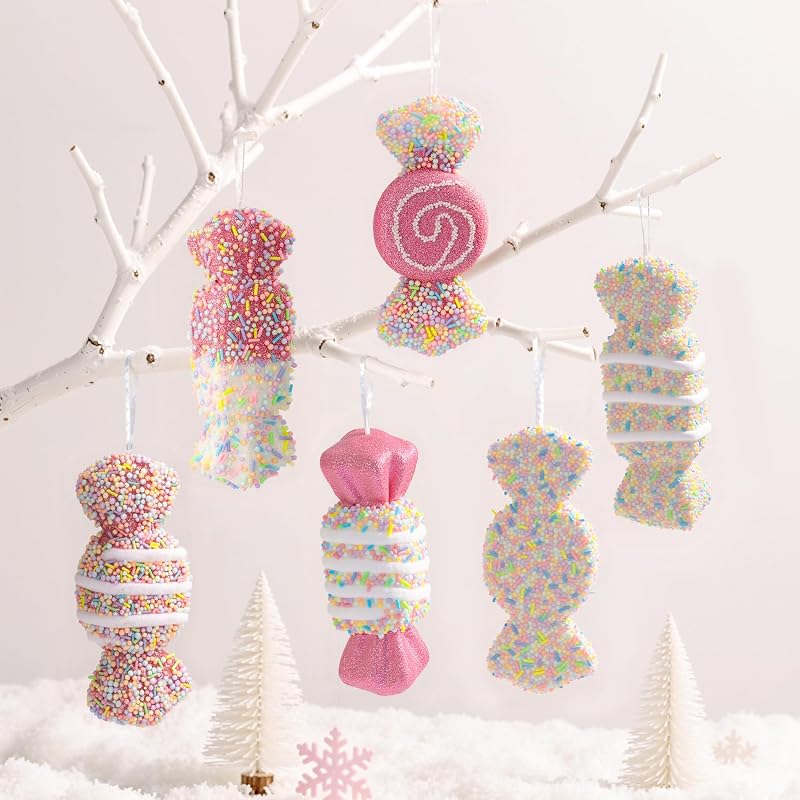 Pastel Candy Cane Christmas Ornaments 12Pcs – Candyland Theme Bows & Lollipops (Variation: Candy)