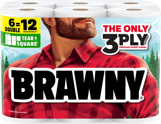Brawny Tear-A-Square 3-Ply Paper Towels - 6 Double Rolls (Equivalent to 12 Regular Rolls)