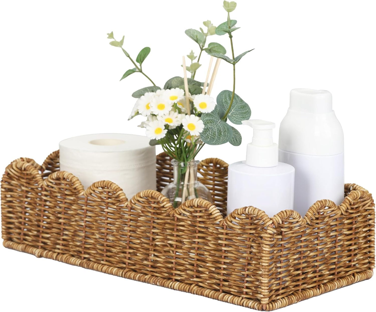 Scalloped Toilet Paper Basket - Handmade Water-Resistant Organizer in Natural Tan for Scandinavian Kitchens