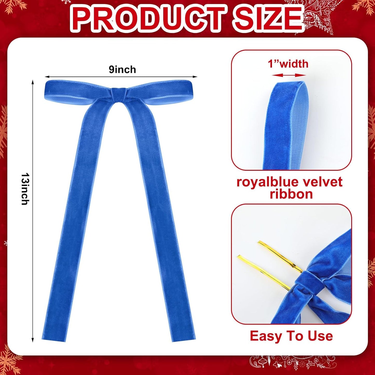 Royal Blue Velvet Bows | 24 Pcs Christmas Tree Ornaments & Valentine's Day Decor (9 x 13 Inch)
