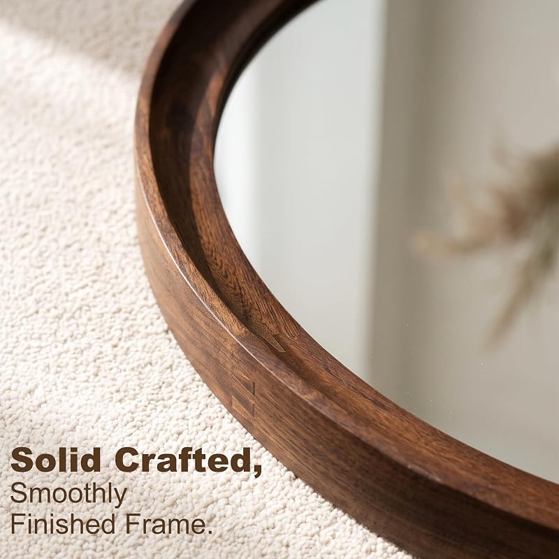 Round Wood Mirror 28" Circle Mirror with Walnut Frame - Contemporary Wall Decor