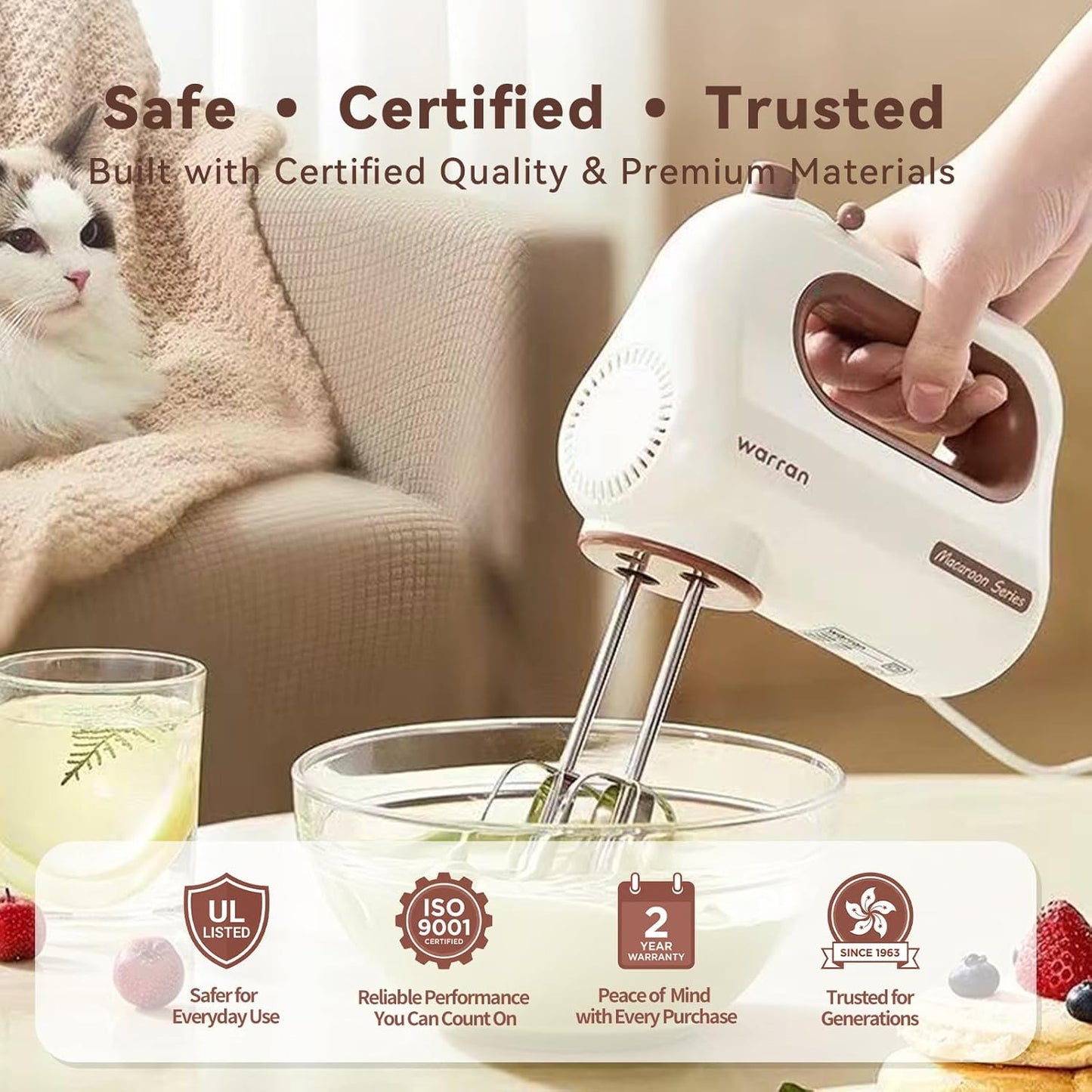 Skiennix 300W Electric Hand Mixer - Powerful Quiet DC Motor for Baking & Cake Making | Compact White Design
