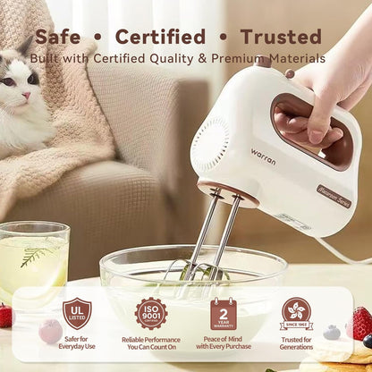 Skiennix 300W Electric Hand Mixer - Powerful Quiet DC Motor for Baking & Cake Making | Compact White Design