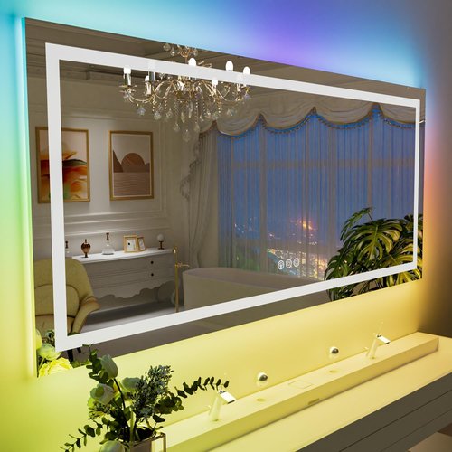 LOAAO RGB LED Bathroom Mirror - 55”x36” Large Anti-Fog & Dimmable Smart Vanity Mirror with Multiple Light Modes & Memory Function