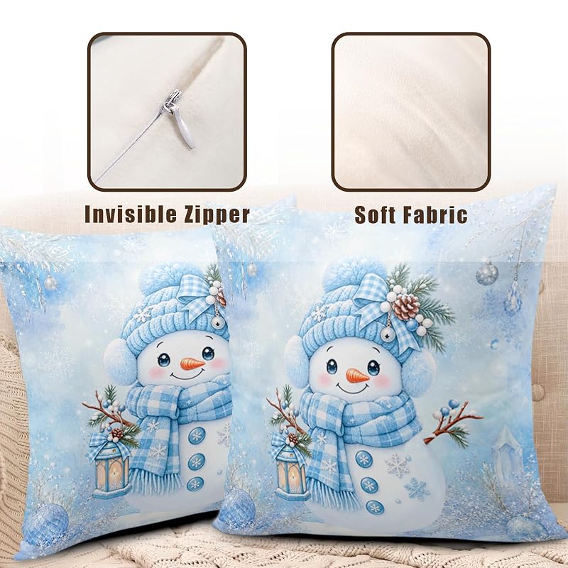Blue Snowman Pillow Covers 18x18 Pack of 2 – Winter Snowflake Decorative Pillowcase