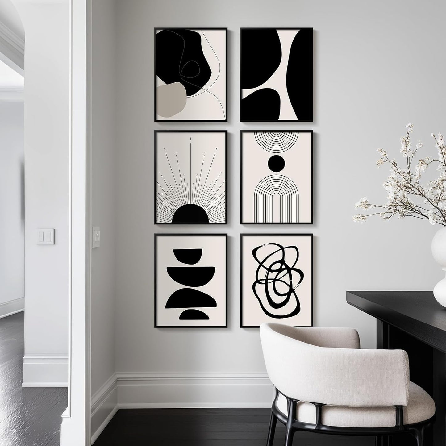 Skiennix Framed Boho Black and White Abstract Wall Art - Set of 6 Modern Canvas Prints | 11x14 Inch Decor