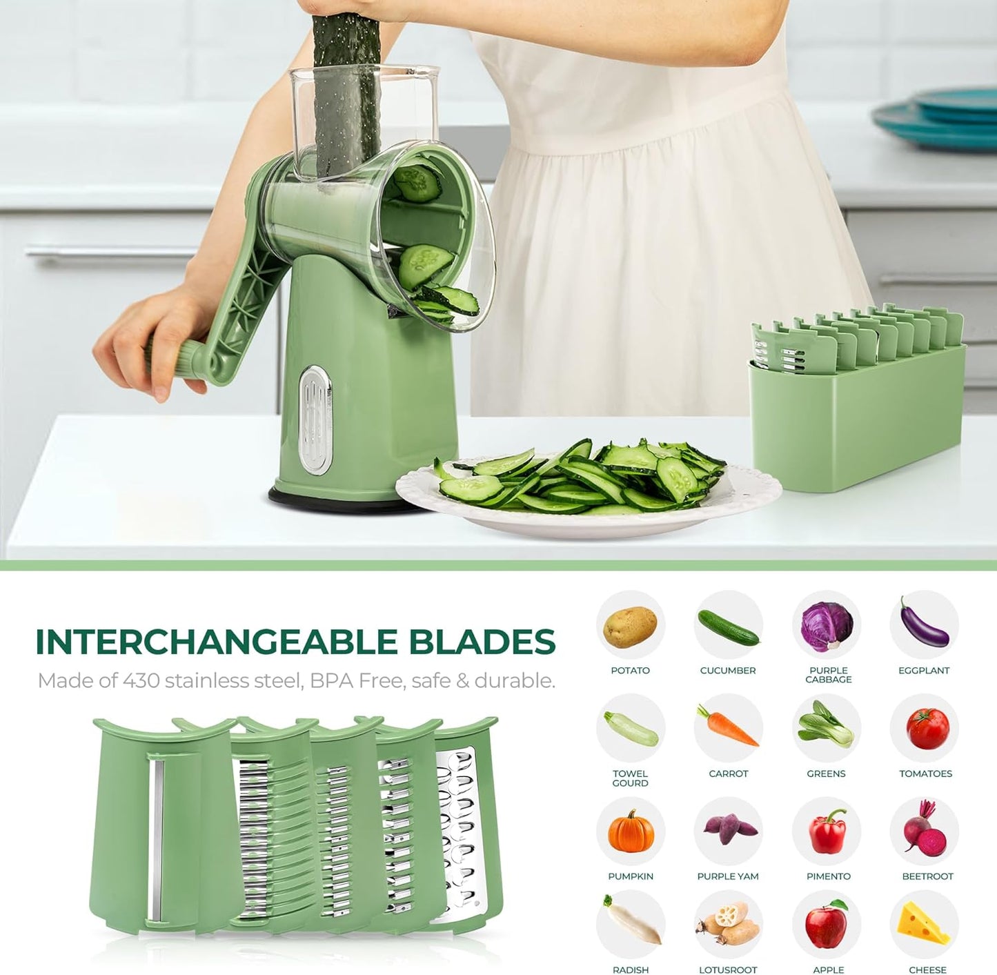 SUSTEAS Rotary Cheese Grater - Versatile Vegetable Shredder with 5 Blades & Strong Suction Base | Retro Green