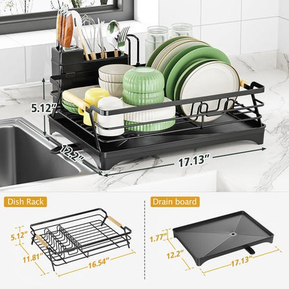 Epicano Dish Drying Rack - Space-Saving Rustproof Drainer with Utensil Holder & Knife Slots | Black