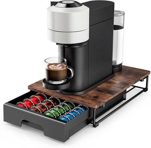 EVERIE Wooden Coffee Pod Storage Drawer - Large Capacity Organizer for Nespresso VertuoLine Capsules | Rustic Brown