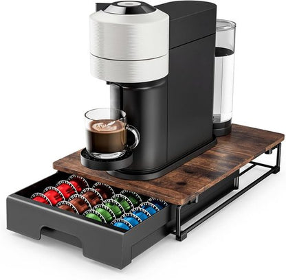 EVERIE Wooden Coffee Pod Storage Drawer - Large Capacity Organizer for Nespresso VertuoLine Capsules | Rustic Brown