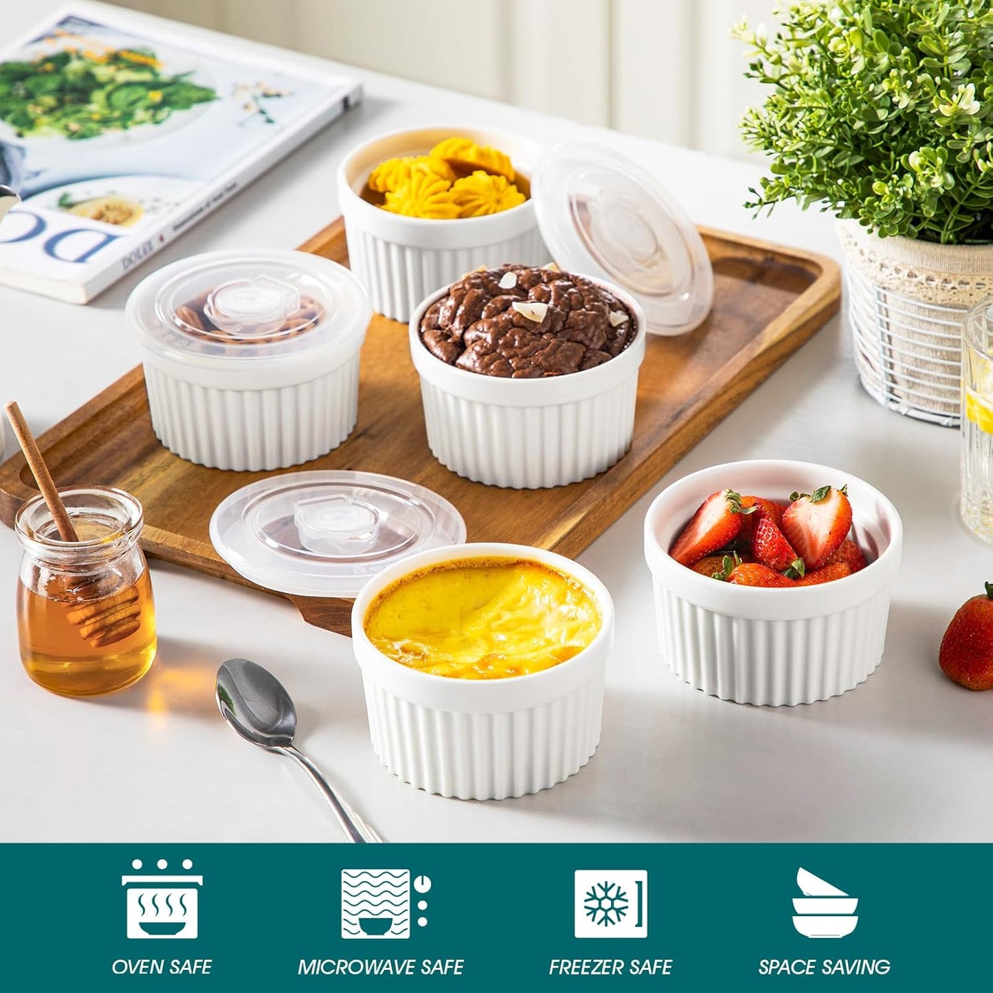 Vancasso 10 Oz Ramekins - Porcelain Creme Brulee Souffle Dishes with Lids | Set of 6, Oven & Dishwasher Safe
