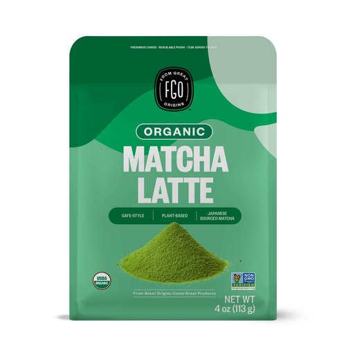 FGO Organic Matcha Latte Powder, 4 Ounce Resealable Bag, Japanese Matcha with Organic Cane Sugar, Lightly Sweetened, Packaging May Vary (Pack of 1)