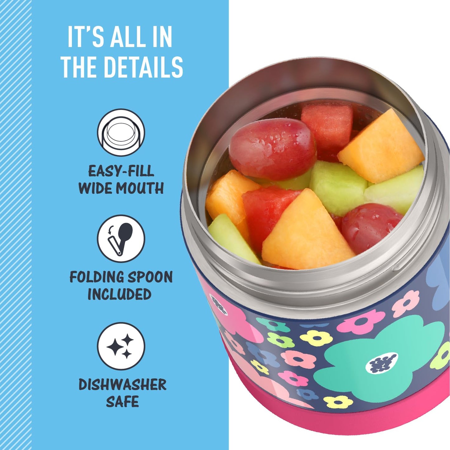 THERMOS FUNTAINER 10 Ounce Stainless Steel Vacuum Insulated Kids Food Jar with Spoon, Mod Flowers