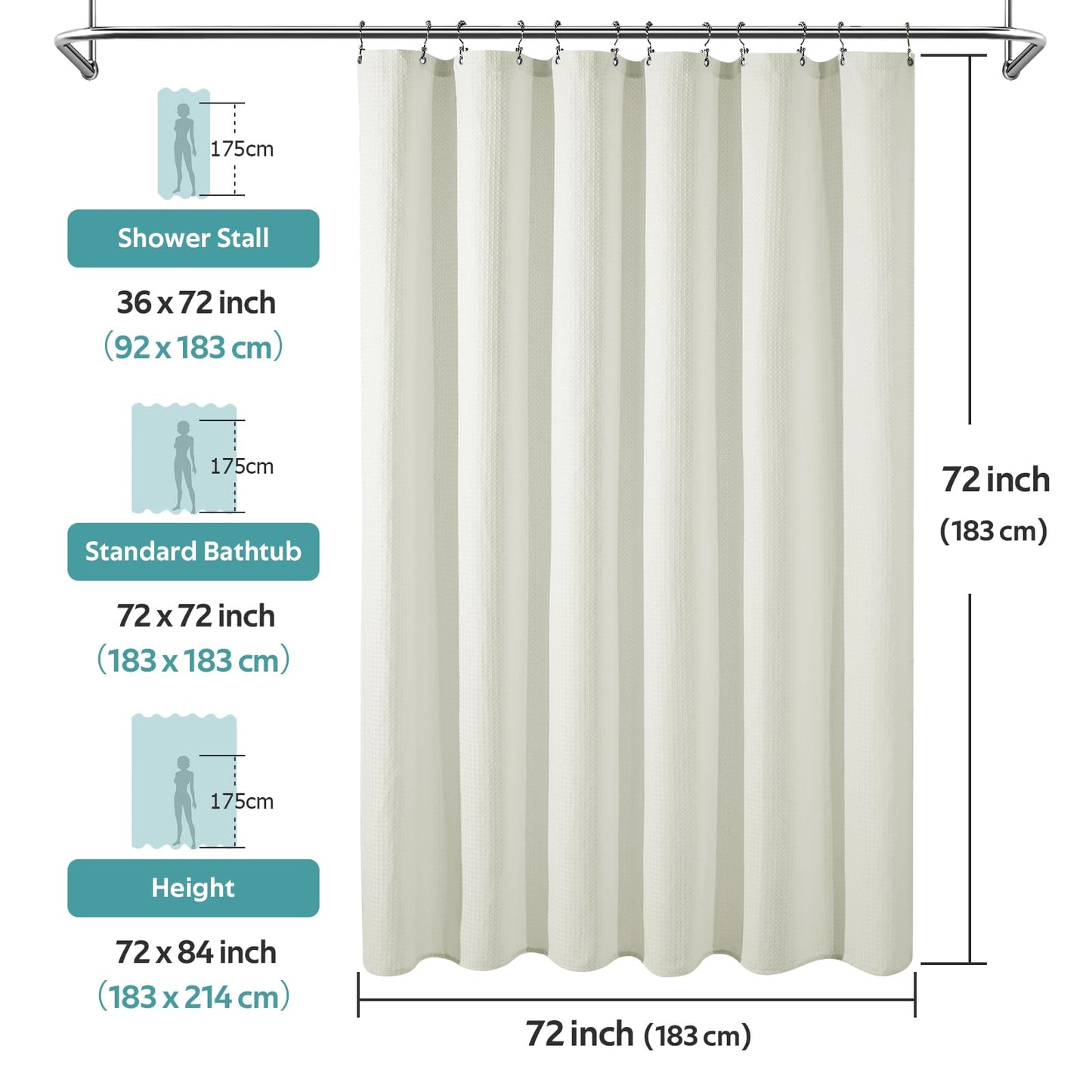Vipfree 3 in 1 Shower Curtain Set, Waffle Shower Curtain and Liner Set with 12 Double Sided Shower Curtain Hooks, 258GSM Luxury Weighted Cloth Shower Curtains for Bathroom, 72 W x 72 H, Cream
