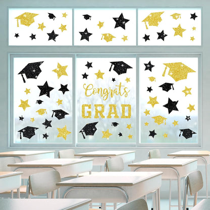 Whaline Glitter Graduation Window Clings - Double-Sided Black & Gold Grad Hat & Star Decor | 6 Sheets