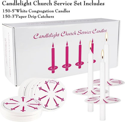 ChurchCandles Unscented White No Smoke - 150 Packs with Drip Protectors for Vigil Services