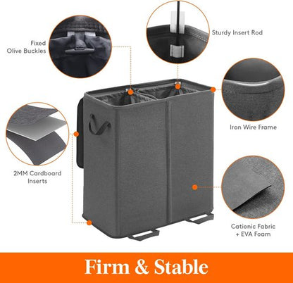 Lifewit Double Laundry Hamper - Large Collapsible Basket with Lid & Removable Bags | 136L Black
