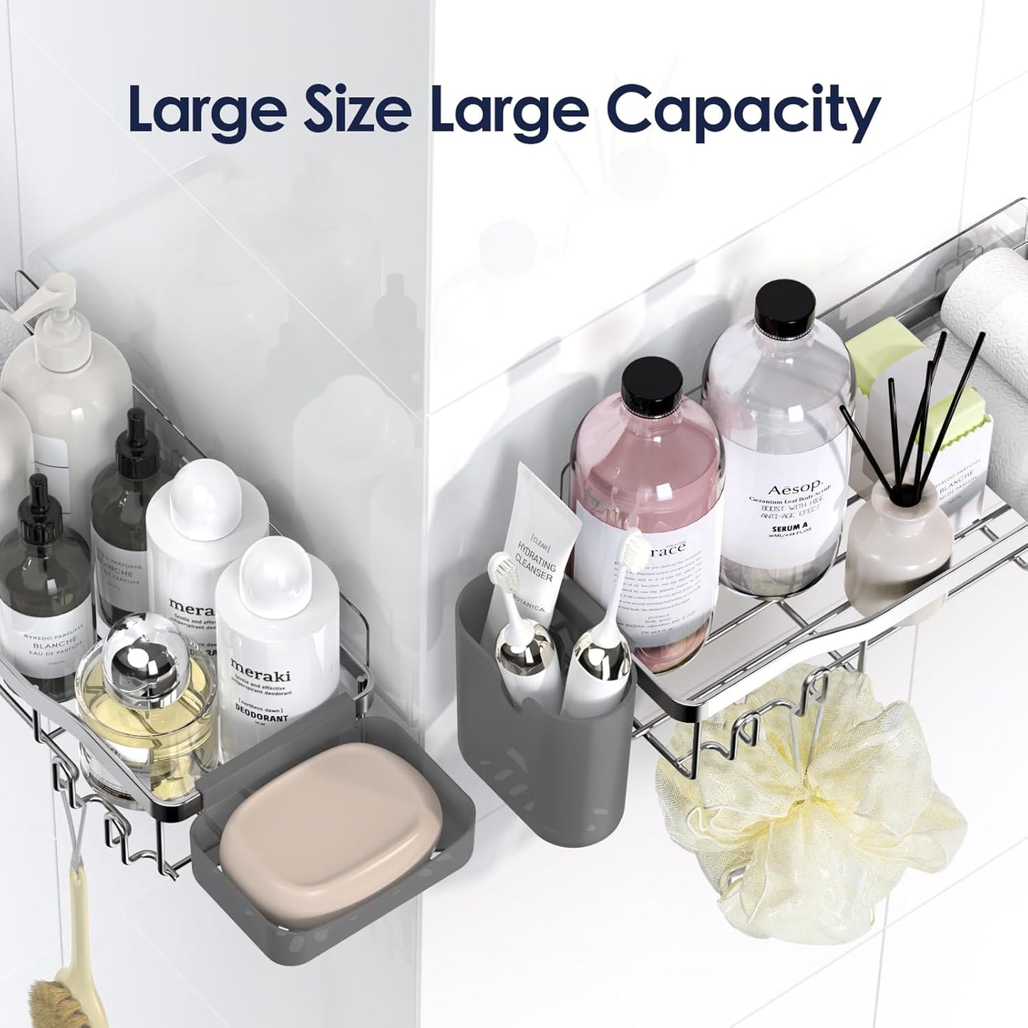 NESOMI Shower Caddy - Adhesive Bathroom Organizer with Soap Dish & 16 Hooks | Rustproof Stainless Steel, 2 Pack Silver